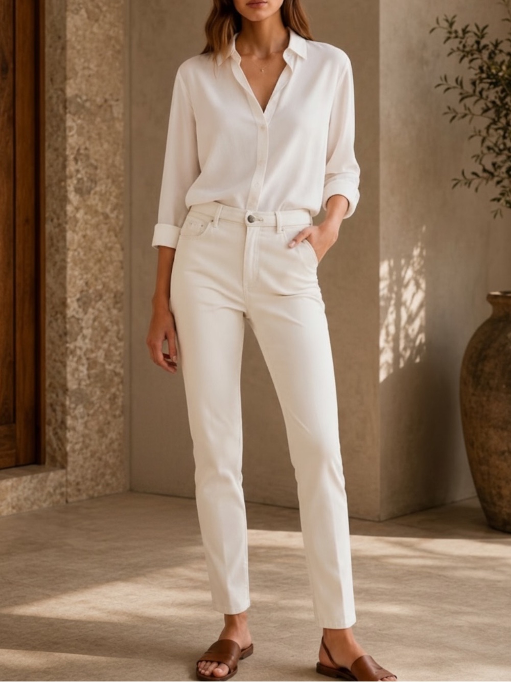 Akris Magda High Rise Slim Fit Silk Cotton Blend Pants Off White 5 Pocket Jean 6